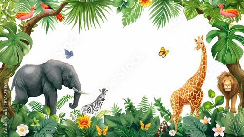 Fototapeta Naklejka Na Ścianę i Meble -  jungle frame animals, illustration African safari animals in tropical leaves, Cartoon
