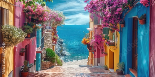 Seaside town in Spain with flowers, fences and ocean in the background
