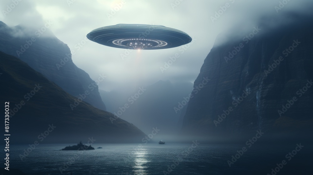 Image of a UFO ship hovering over the man Image of a UFO ship hovering over the man