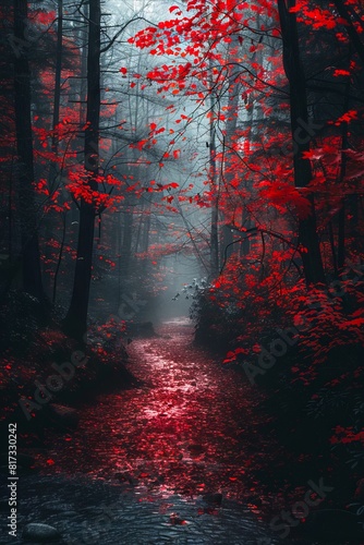 A dark forest with red leaves and a stream.