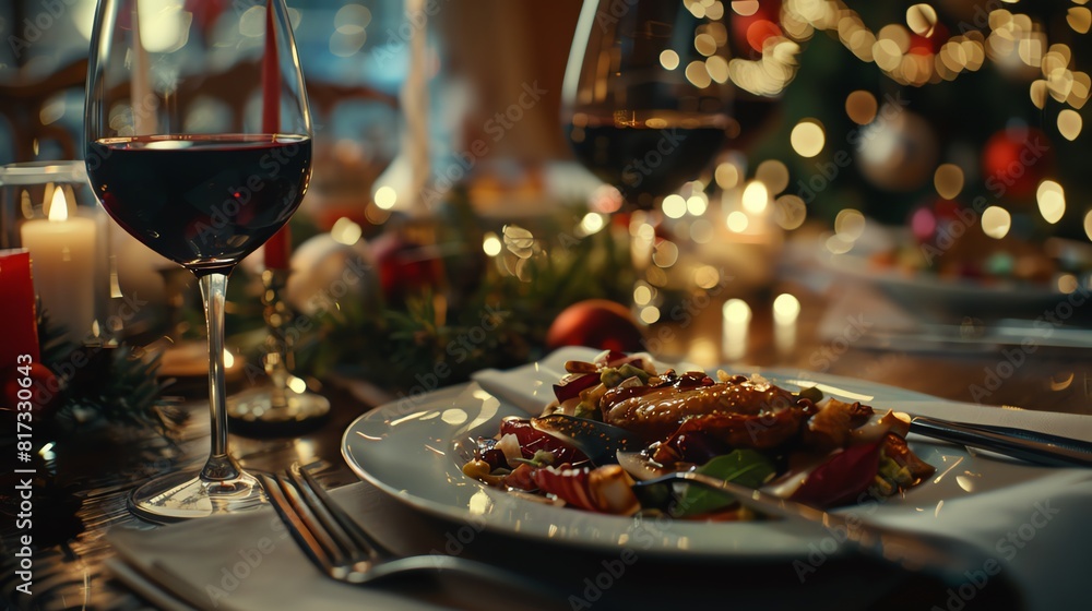 delicious beef steak in restaurant with glass of wine