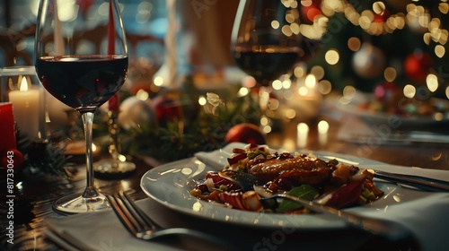 delicious beef steak in restaurant with glass of wine