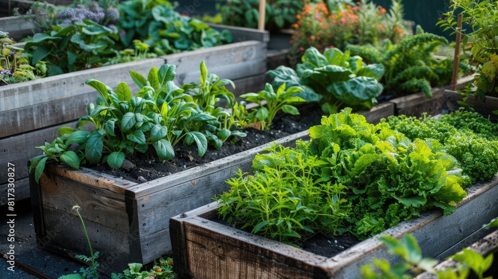 Raided beds in an urban garden growing plants herbs spices vegetables and flowers in the city Raided beds in an urban garden growing plants herbs spices vegetables and flowers in the city