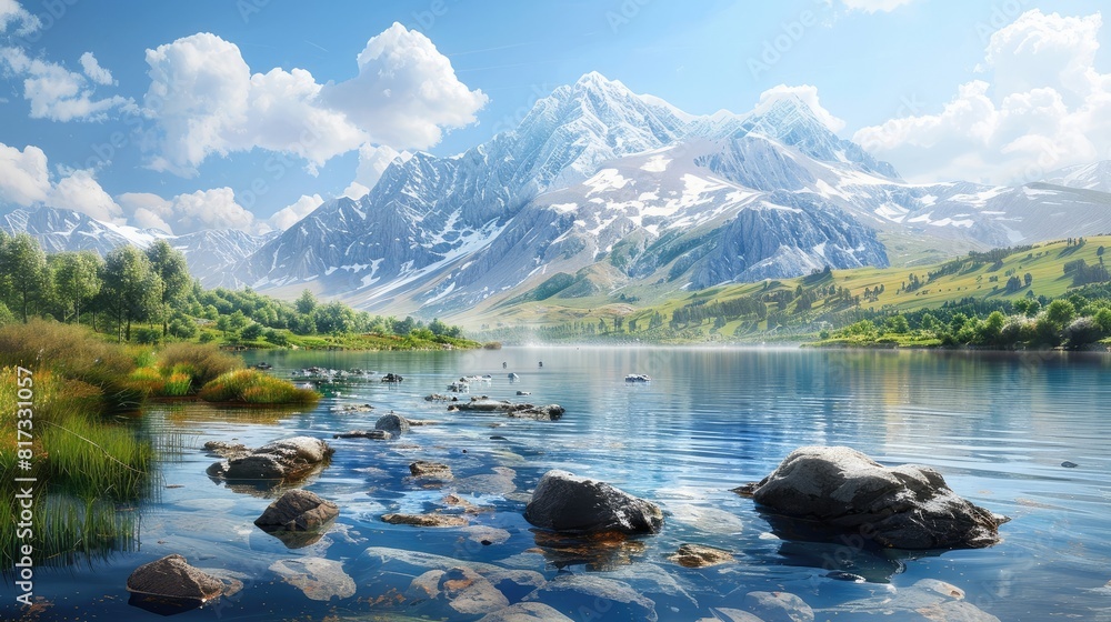 Illustration of Stones in River, Painting of a lake with a mountain in the background realistic
