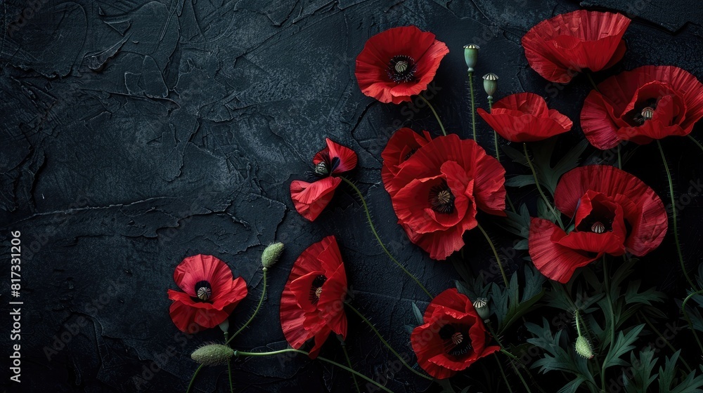 Stylized red poppy flower on black background. Remembrance Day, Armistice Day, Anzac day symbol Stylized red poppy flower on black background. Remembrance Day, Armistice Day, Anzac day symbol