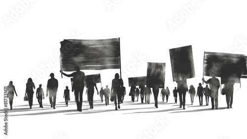 Silhouetted group of protesters marching with blank signs  symbolizing a demonstration or rally  against a stark white background.