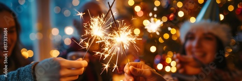 Smiling friends enjoying New Year's Eve with held sparklers against a backdrop of Christmas lights photo