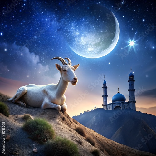 Landscape with a goat, Eid al-Adha Mubarak background