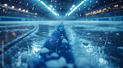 Close-up of an ice hockey rink, focusing on the blue line and ice texture photo