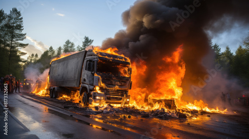 Burning Truck and Trailer on the Side of a Road with Large Flames and Smoke photo