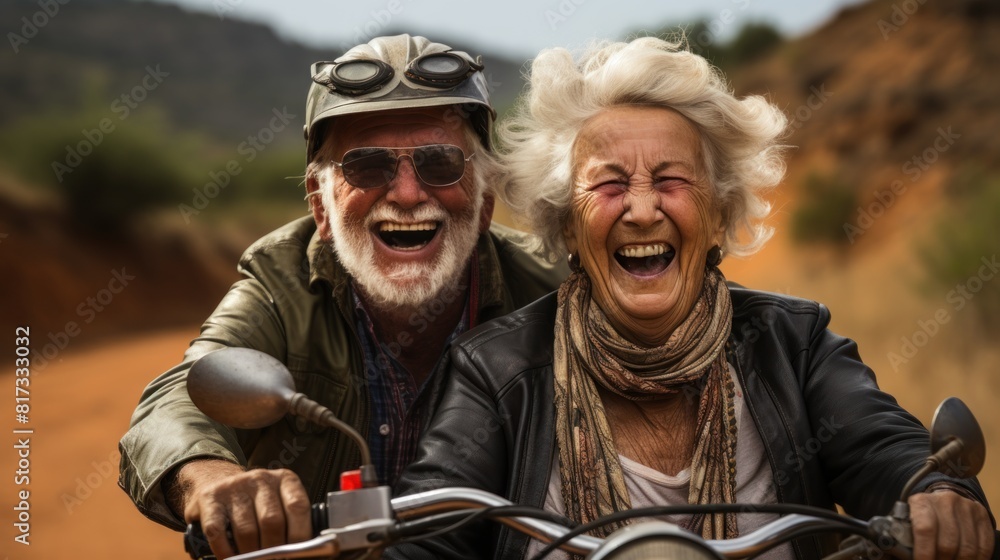 Cheerful Senior Couple Riding Motorcycle on a Sunny Day in Nature