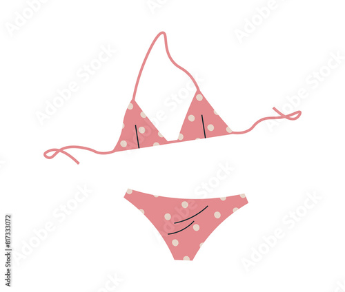 Modern womens two-piece swimsuit. Pink swimsuit with dot print. Female swim clothing. Beach wear for swimming. Bikini top and bottom. Flat vector illustration isolated on white background.