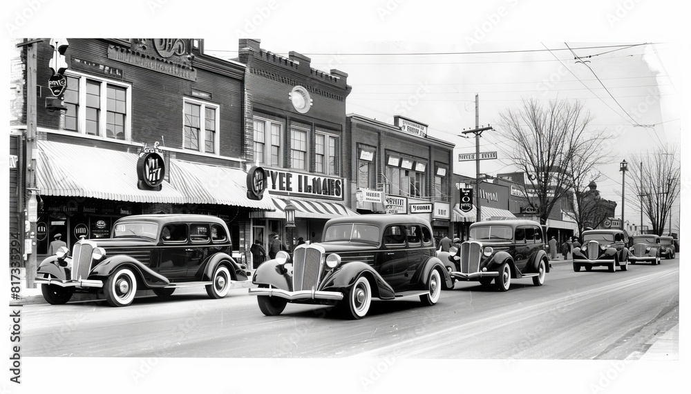 Obraz premium Classic vintage cars driving through city streets in the 1920s, 1930s, and 1940s