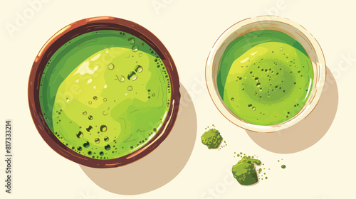 Top view drawing of matcha green tea drink in cup s