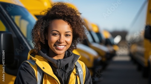 Smiling Female Engineer Leaning on Yellow Van Fleet in the Sunlight