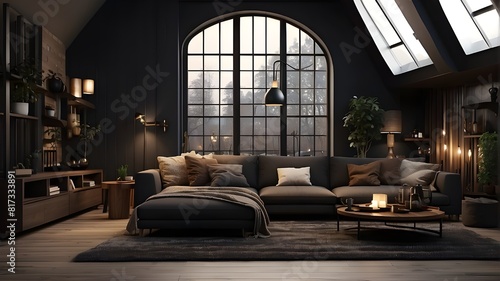 3D depiction of a cozy, dark interior with a loft-style living area and large window © Amjad art