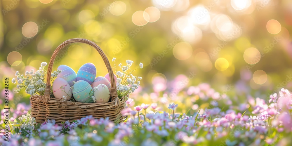 An idyllic Easter scene with a basket full of colorful decorated eggs amidst blossoming spring flowers An idyllic Easter scene with a basket full of colorful decorated eggs amidst blossoming spring flowers