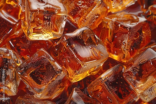Background of cold cola with ice and bubbles