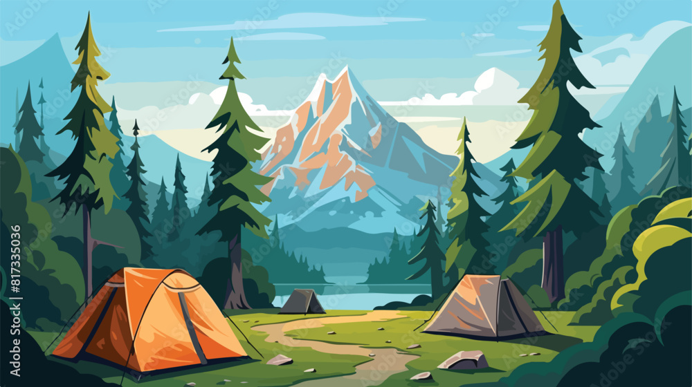 Touristic camp or campground with tents and campfir