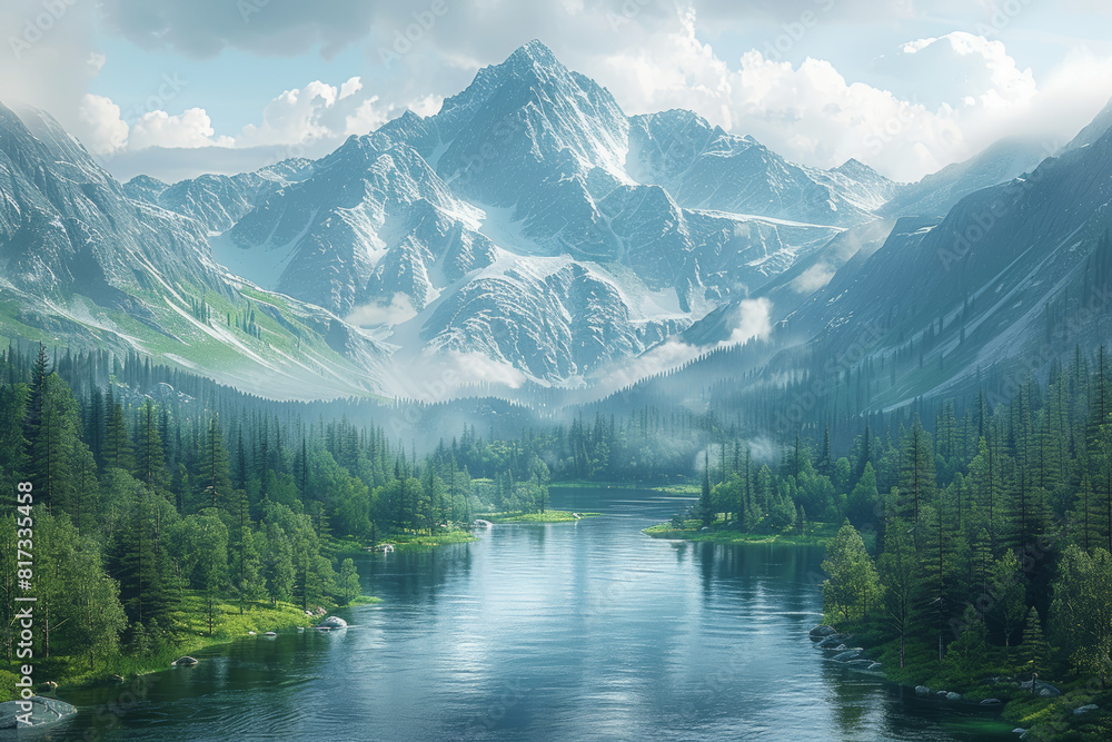 A mountain diorama showcasing majestic peaks, winding rivers, and dense forests, inviting viewers to experience the grandeur of nature. Concept of wilderness. Generative Ai.
