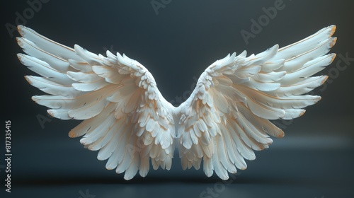An illustration that portrays realistic angel wings with a transparent white wing.