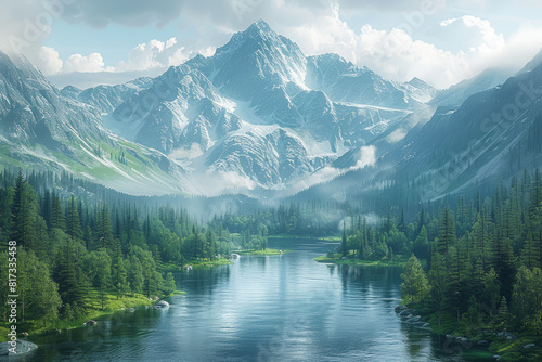 A mountain diorama showcasing majestic peaks  winding rivers  and dense forests  inviting viewers to experience the grandeur of nature. Concept of wilderness. Generative Ai.