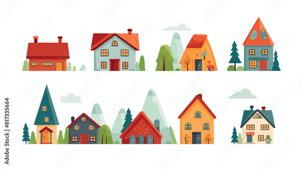 Toy houses and mountains flat vector illustration.