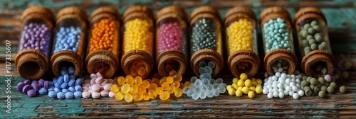 row of homeopathic pills on wooden surface illustrates alternative medicine treatment option