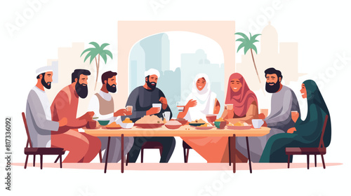 Traditional Arabic big family having dinner togethe