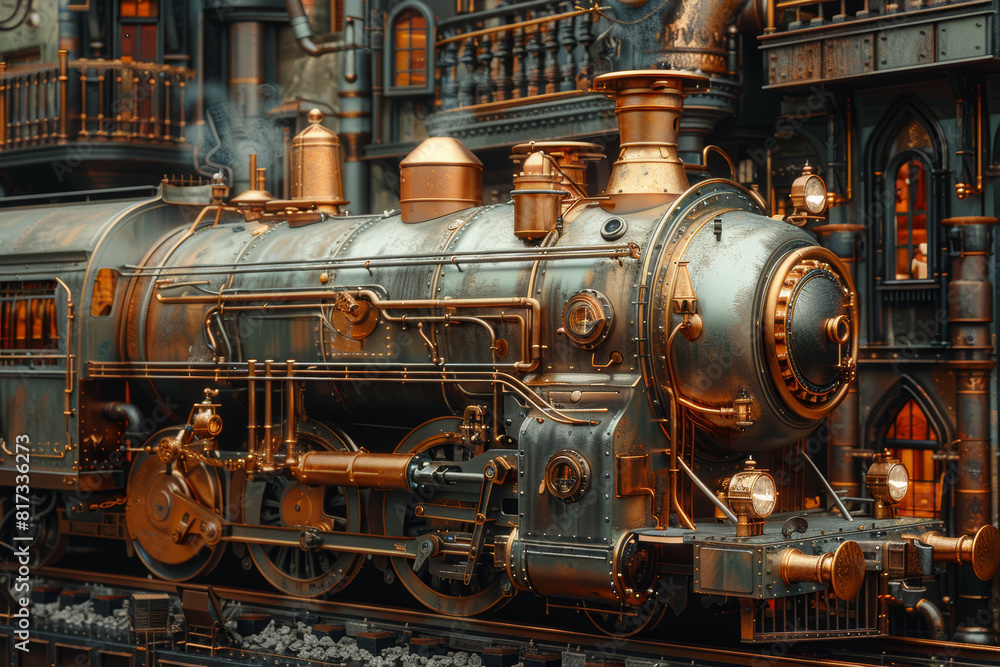 A steampunk-themed diorama imagining an alternate Victorian era powered by steam technology, with fantastical inventions and mechanical marvels. Concept of retro-futurism. Generative Ai.