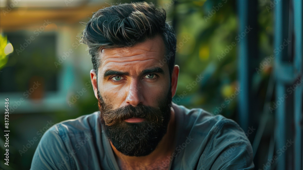 Bearded man in casual clothes looks serious. He has a stylish hairstyle and is confident with a mustache. He is healthy and sporty. Bearded man in casual clothes looks serious. He has a stylish hairstyle and is confident with a mustache. He is healthy and sporty.