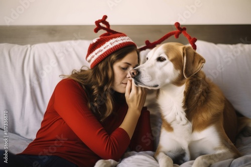 Christmas masking with dog Beautiful young woman sitting on bed with her dog, both wearing reindeer antlers, in the bedroom
