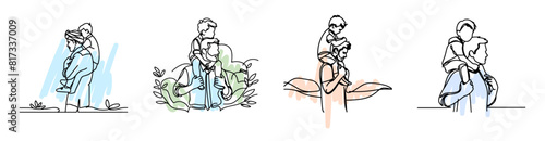 Padre cargando a su hijo en sus hombros, dibujo a una linea, dia del padre