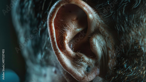 Ear is a part of the body. Photo shows a close-up of a man's ear. photo