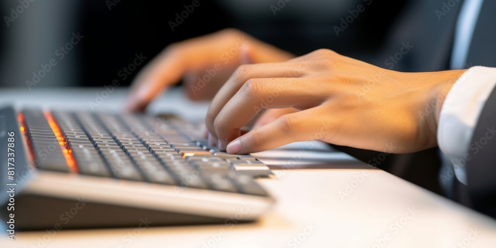 Close-up index finger presses a key computer keyboards, Business person working on the computer, selective focus on finger Close-up index finger presses a key computer keyboards, Business person working on the computer, selective focus on finger