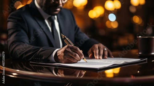 Businessman Signing Important Contract in Elegant Office Setting