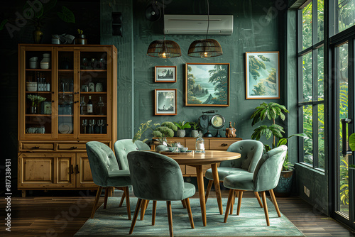 modern dining room with round wooden table  mint green sofa and cabinet near window in spacious living interior with plants on coffee table and poster frame on wall .