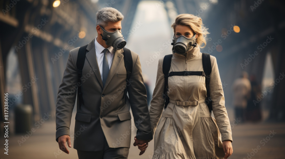 Fototapeta premium Couple Walking Near Eiffel Tower Wearing Gas Masks in a Post-Apocalyptic Setting