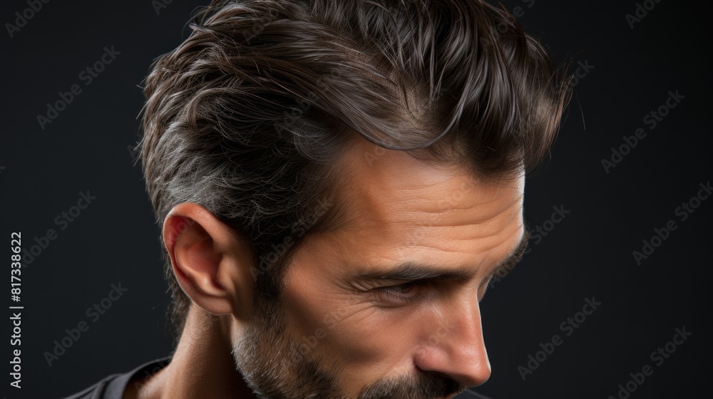 Close-Up Profile Portrait of Handsome Young Man with Stylish Haircut in Studio Close-Up Profile Portrait of Handsome Young Man with Stylish Haircut in Studio