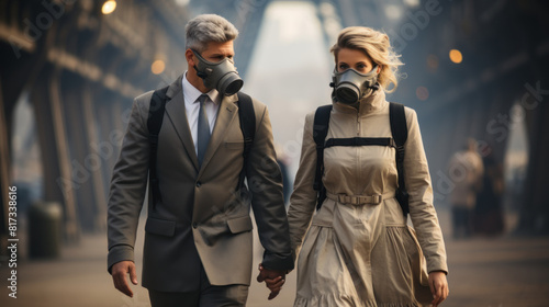 Couple Walking Near Eiffel Tower Wearing Gas Masks in a Post-Apocalyptic Setting