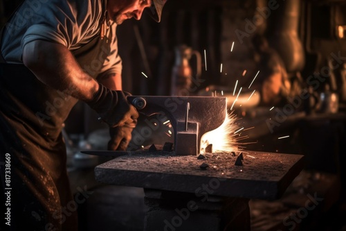 close-up of blacksmith working with hammer at anvil in his workshop