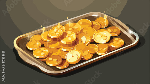 Tray with bitcoins and gold nuggets on grey backgro