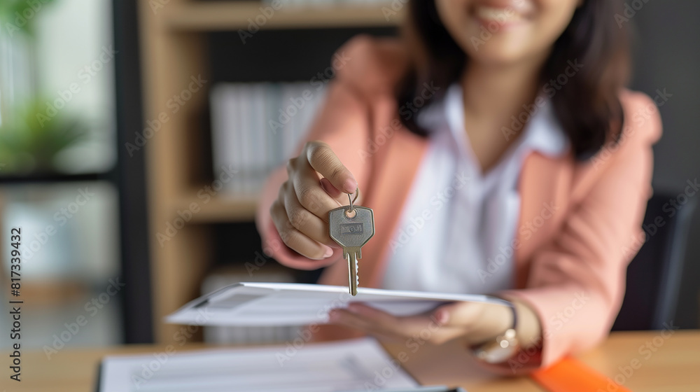 Close-up focus on keys as a smiling female realtor in out of focus, who sells an apartment, offering it to a client. She holds the keys, helps the purchasing deal as a real estate agent Close-up focus on keys as a smiling female realtor in out of focus, who sells an apartment, offering it to a client. She holds the keys, helps the purchasing deal as a real estate agent