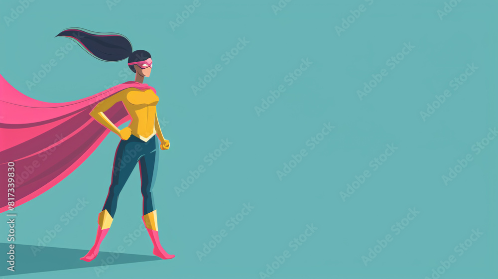Naklejka premium Beautiful illustration showing a woman dressed as a superhero - concept of girl power, great mom, working woman. on a blue background 