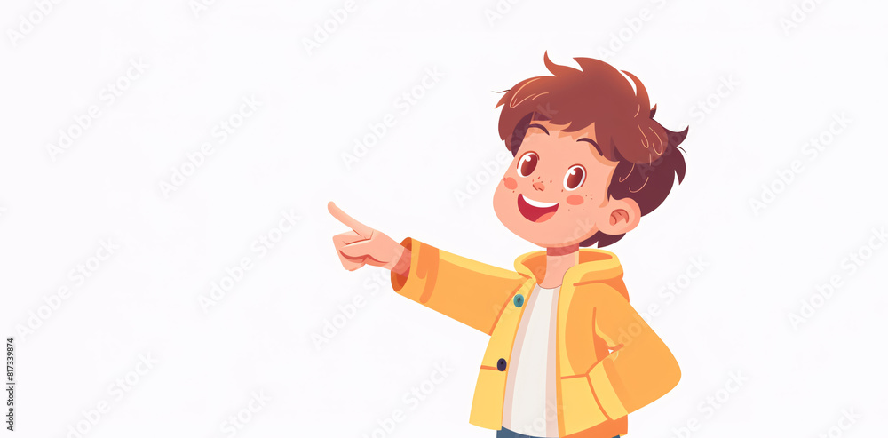 Beautiful illustration of a happy boy pointing his finger to the side, on a white background - copy space Beautiful illustration of a happy boy pointing his finger to the side, on a white background - copy space
