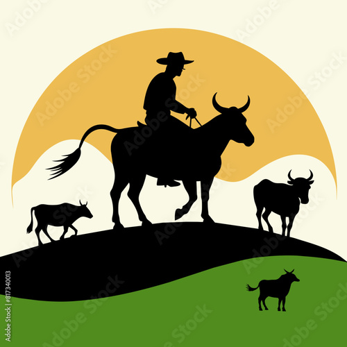 A vector silhouette of a working ranch cowboy on horse herding texas longhorn cows down a hill © CreativeDesigns