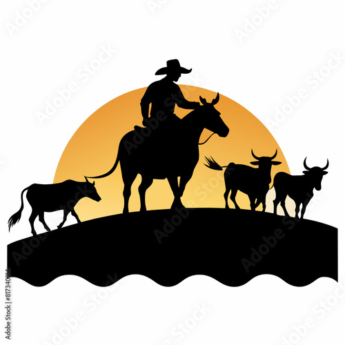 A vector silhouette of a working ranch cowboy on horse herding texas longhorn cows down a hill