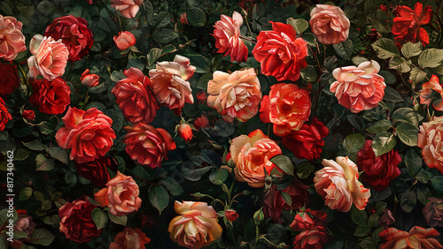 Roses background with leaves, field of flowers 