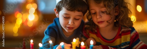 Two young children with wide eyes lighting candles on a Hanukkah menorah together indoors photo
