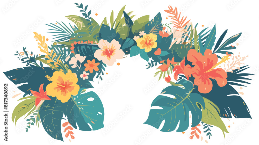 Tropical flowers and palm leaves in floral composit